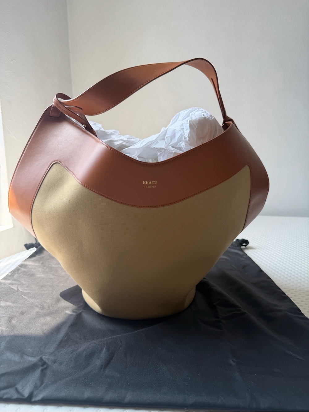NEW KHAITE Medium Lotus Tote Honey Tan Leather Canvas Shoulder Bag purse $2700 - Picture 2 of 14